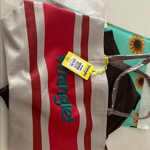 Wrangler Red and White Striped Bag with Teal Logo